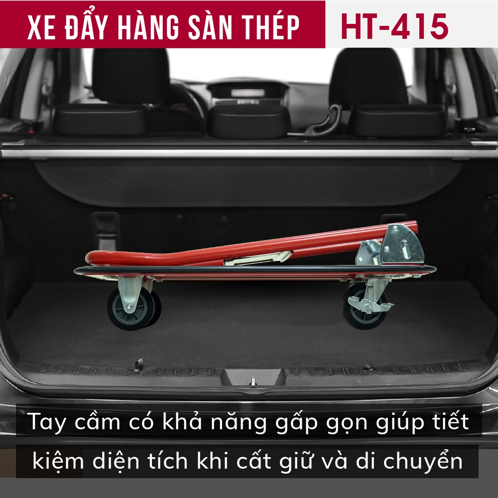 Xe chở hàng cồng kềnh 4 bánh gấp gọn 150 kg, Xe đẩy sàn thép phủ nhựa đen gọn nhẹ bánh xe chống xước
