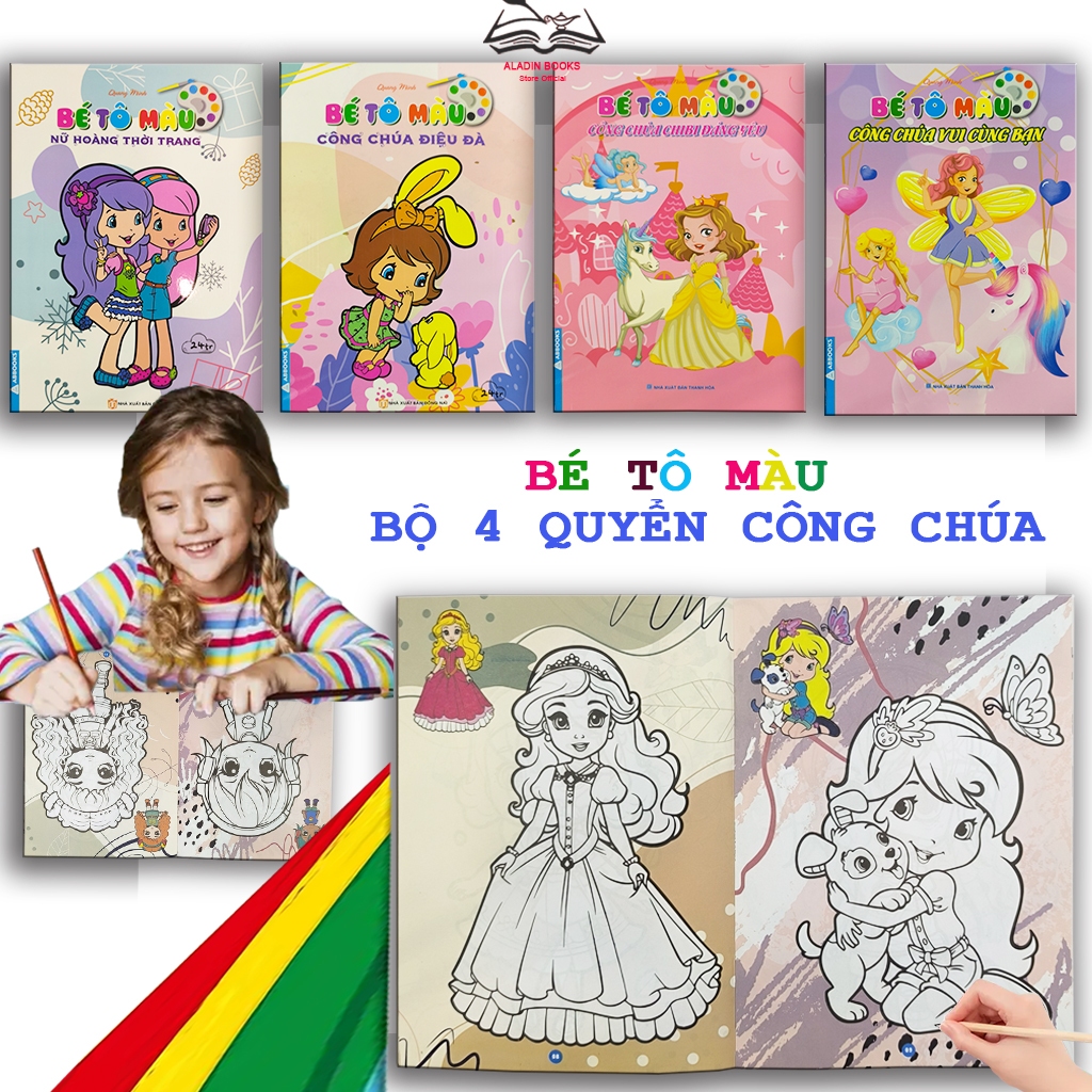 Sách - Bộ 4 Cuốn  Bé Tô Màu – Chủ Đề Công Chúa, Nữ Hoàng Chibi Bạn Bè – Hình Vẽ Dễ Thương Cho Bé Gái