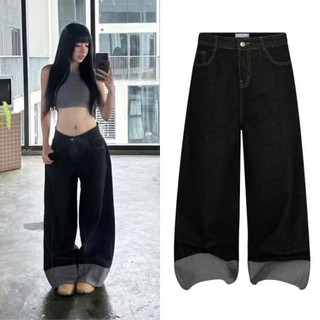 Quần Jeans Nữ Ống Rộng Xanh Đậm 247Store Cạp Cao Tôn Dáng, Viền Chỉ Nổi Cá Tính Mặc Đi Học Đi Làm Đi Chơi