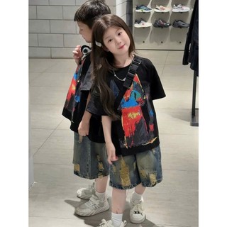 Set Bộ Quần Jean Ngố Rách Phối Áo Phông Cotton Mèo Đen Loang Cho Bé Gái Cá Tính
