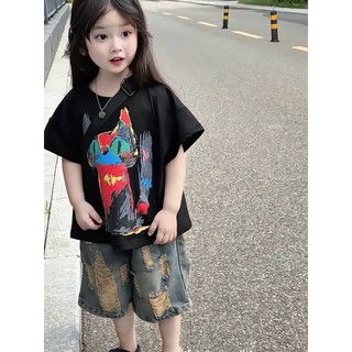 Set Bộ Quần Jean Ngố Rách Phối Áo Phông Cotton Mèo Đen Loang Cho Bé Gái Cá Tính