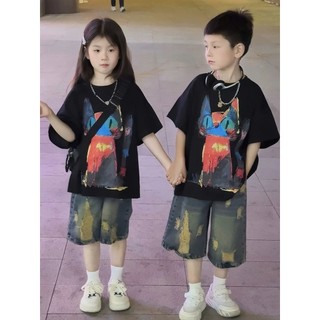 Set Bộ Quần Jean Ngố Rách Phối Áo Phông Cotton Mèo Đen Loang Cho Bé Gái Cá Tính