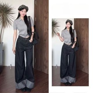 Quần Jeans Nữ Ống Rộng Xanh Đậm 247Store Cạp Cao Tôn Dáng, Viền Chỉ Nổi Cá Tính Mặc Đi Học Đi Làm Đi Chơi