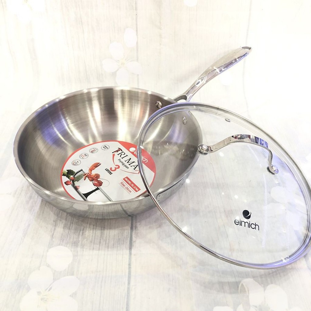 Chảo Xào Sâu lòng Inox 304 Nguyên Khối, 3 lớp liền thân Elmich Trimax 4846OL 26cm, Bếp Từ, Có Vung