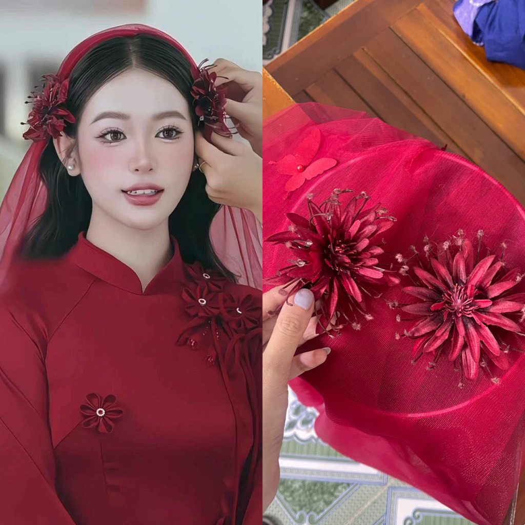✨✨✨ Set hoa cài tóc và voan cô dây đỏ đô xinh|PHUKIENCUOIYENLINH