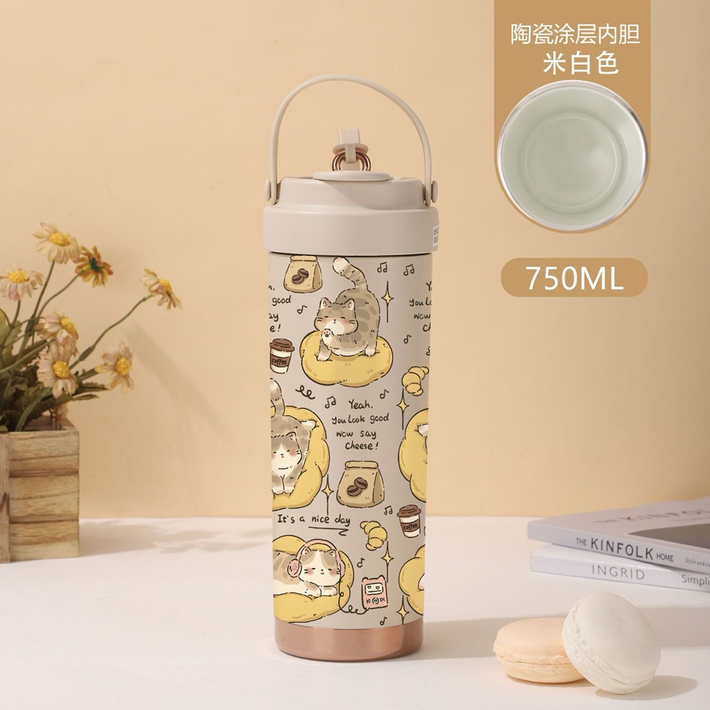 Ly lót gốm giữ nhiệt dung tích 750ml có ống  hút