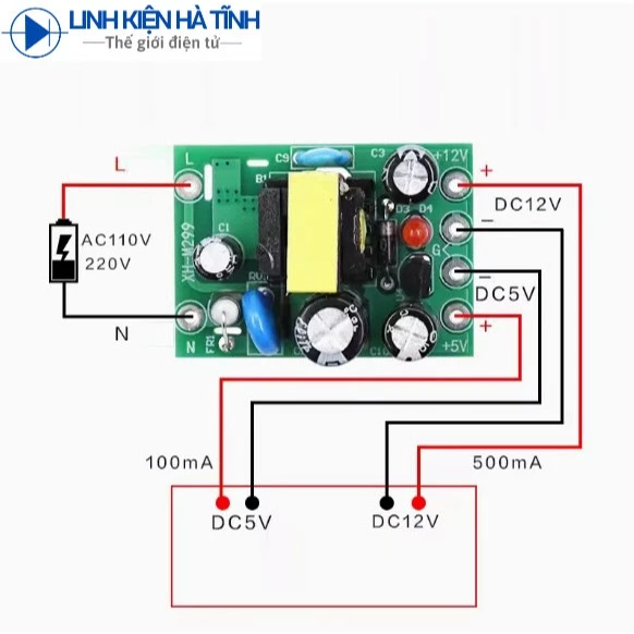 Mạch nguồn đầu ra kép DC 12V + 5V, mạch nguồn 12V (500mA) + 5V (100mA) dùng độ nguồn điều hòa,máy giặt