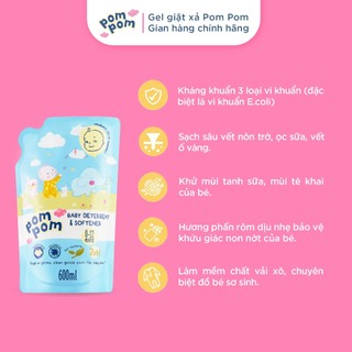 Nước Giặt Xả Pom Pom Newborn Túi 600ML - An Toàn Cho Bé Sơ Sinh, Sạch Sâu Vết Nôn Trớ, Hương Phấn Rôm Dịu Nhẹ NB6