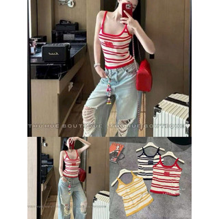 LT - Áo len nữ hai dây kẻ sọc ngang mongtoghi mềm mỏng mặc hè, hoạ tiết chữ ngực free size 1162
