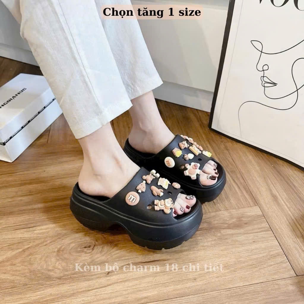 Dép Nữ Quai Ngang Độn Đế 7cm Tôn Dáng Tăng Chiều Cao, Dép Nữ Cao Siêu Nhẹ Kèm Bộ Charm Gấu Nâu