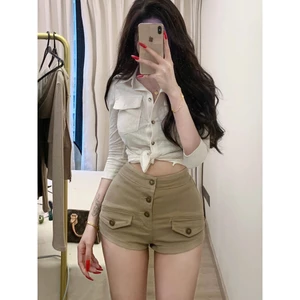 Quần sooc jean phối nắp túi xinh xẻo lưng cao tôn dáng, quần short bò khuy túi xinh xẻo (HC46)