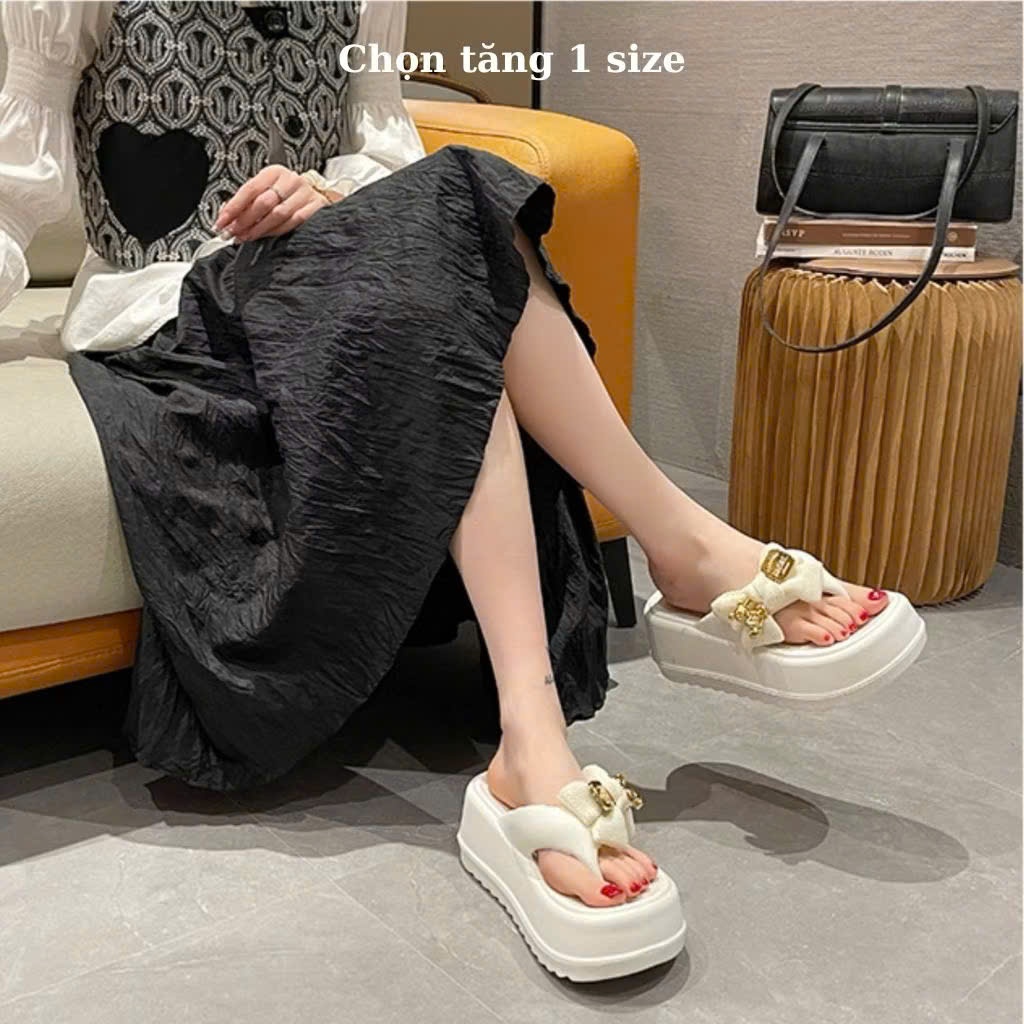 Dép Kẹp Xỏ Ngón Độn Đế 7cm Hình Nơ Gấu Dễ Thương, Dép Tông Đi Biển Chống Nước Kiểu Dáng Thời Trang