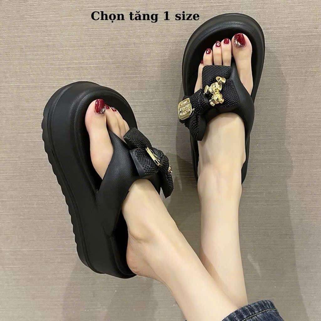 Dép Kẹp Xỏ Ngón Độn Đế 7cm Hình Nơ Gấu Dễ Thương, Dép Tông Đi Biển Chống Nước Kiểu Dáng Thời Trang