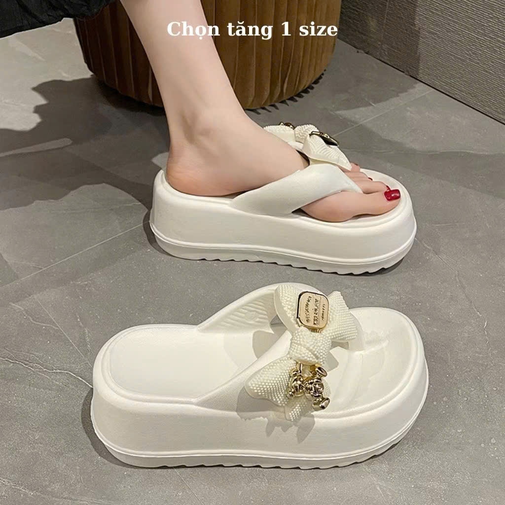 Dép Kẹp Xỏ Ngón Độn Đế 7cm Hình Nơ Gấu Dễ Thương, Dép Tông Đi Biển Chống Nước Kiểu Dáng Thời Trang