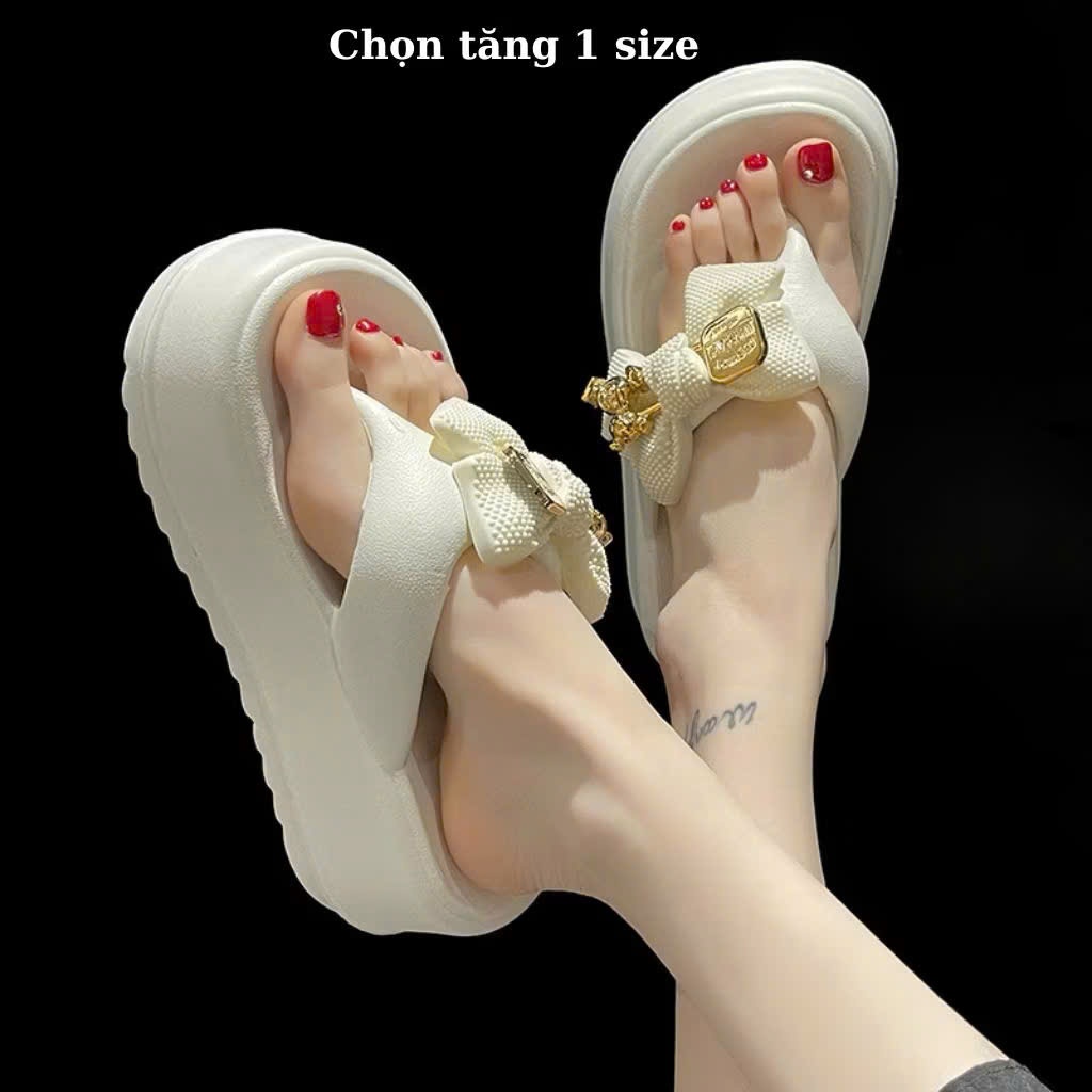 Dép Kẹp Xỏ Ngón Độn Đế 7cm Hình Nơ Gấu Dễ Thương, Dép Tông Đi Biển Chống Nước Kiểu Dáng Thời Trang