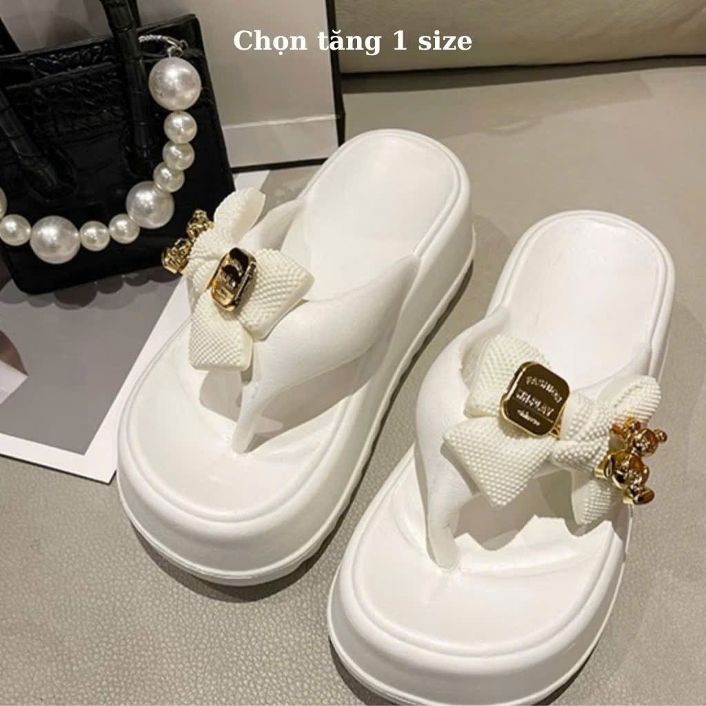 Dép Kẹp Xỏ Ngón Độn Đế 7cm Hình Nơ Gấu Dễ Thương, Dép Tông Đi Biển Chống Nước Kiểu Dáng Thời Trang