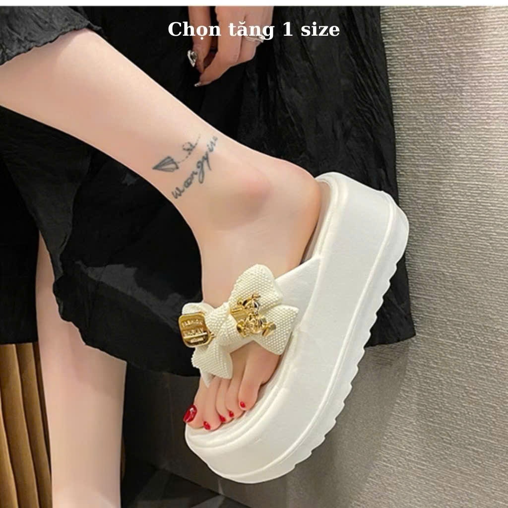 Dép Kẹp Xỏ Ngón Độn Đế 7cm Hình Nơ Gấu Dễ Thương, Dép Tông Đi Biển Chống Nước Kiểu Dáng Thời Trang