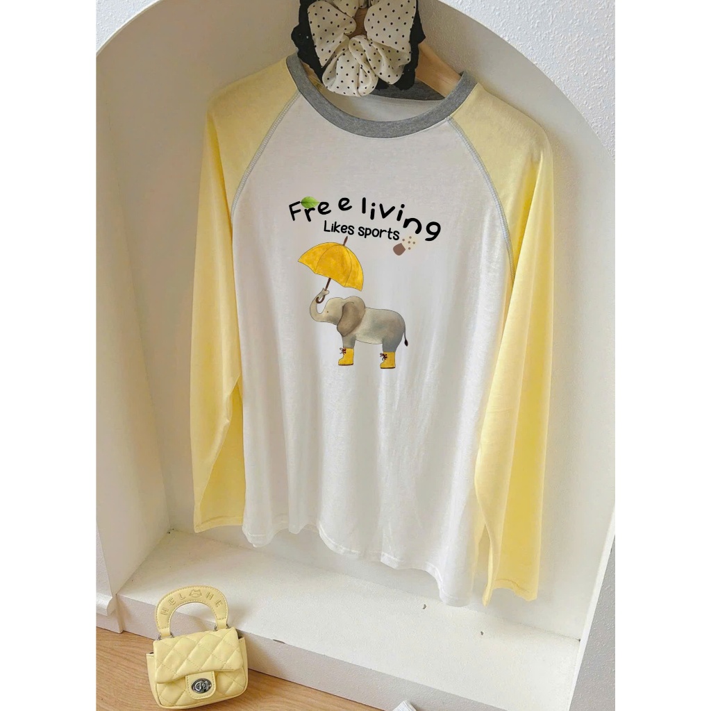 Áo thun nữ dài tay phối màu vàng trẻ trung, in hình xinh xắn JULY FASHION, Áo thun tay dài nữ chất thun xượt mềm mại