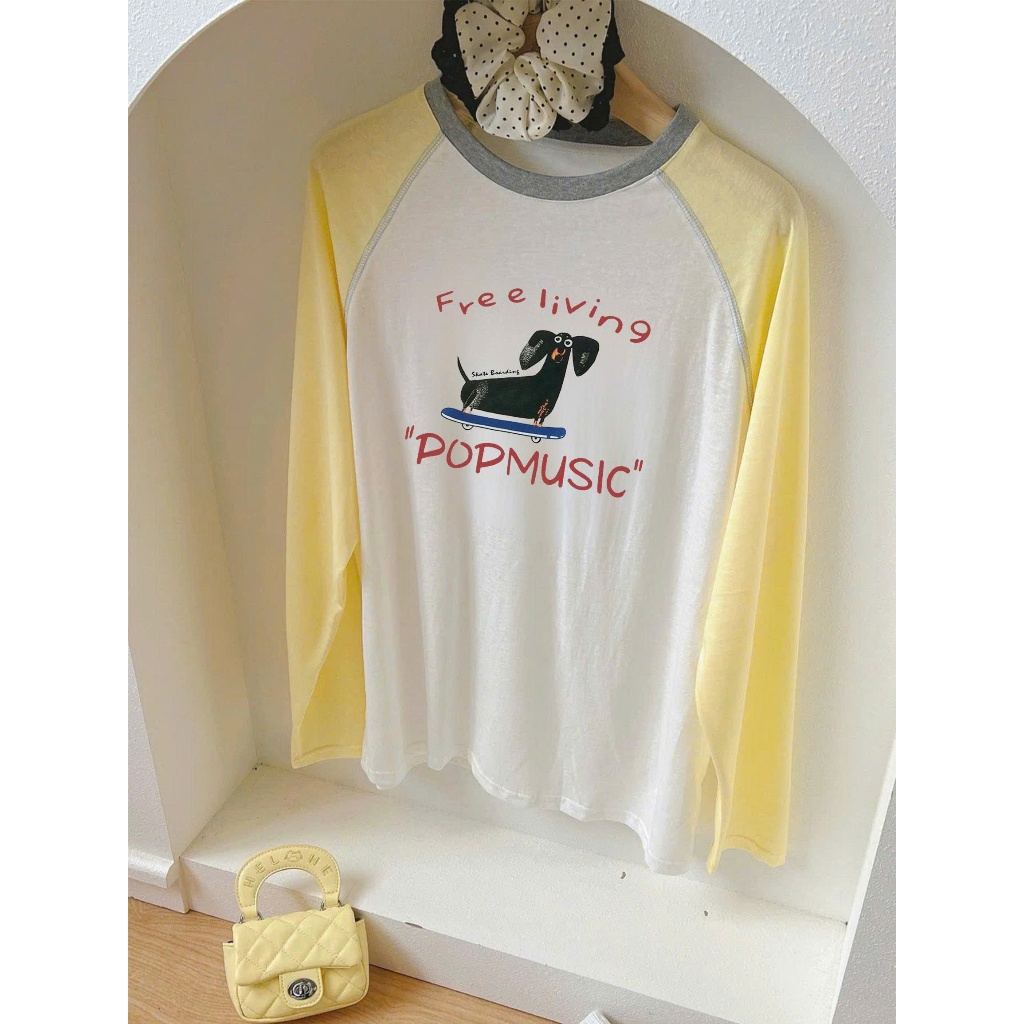 Áo thun nữ dài tay phối màu vàng trẻ trung, in hình xinh xắn JULY FASHION, Áo thun tay dài nữ chất thun xượt mềm mại