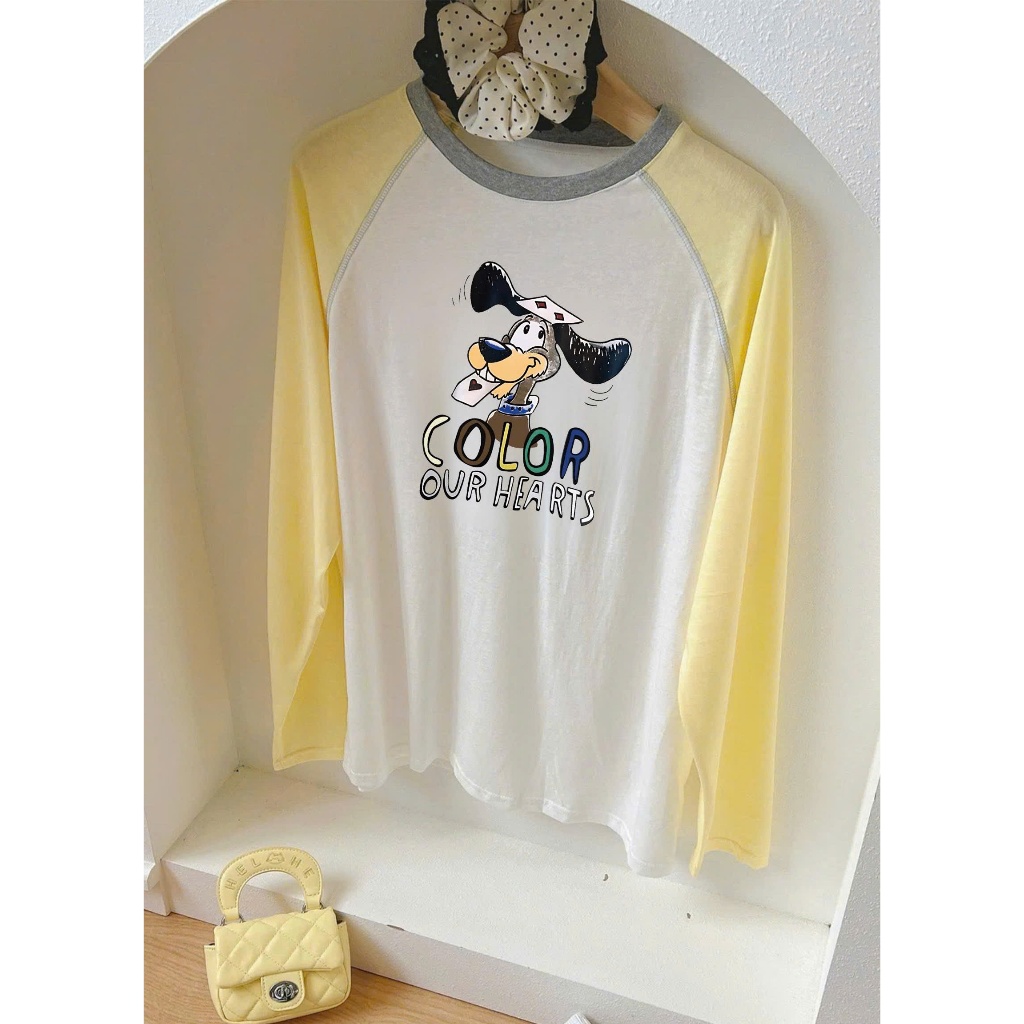 Áo thun nữ dài tay phối màu vàng trẻ trung, in hình xinh xắn JULY FASHION, Áo thun tay dài nữ chất thun xượt mềm mại