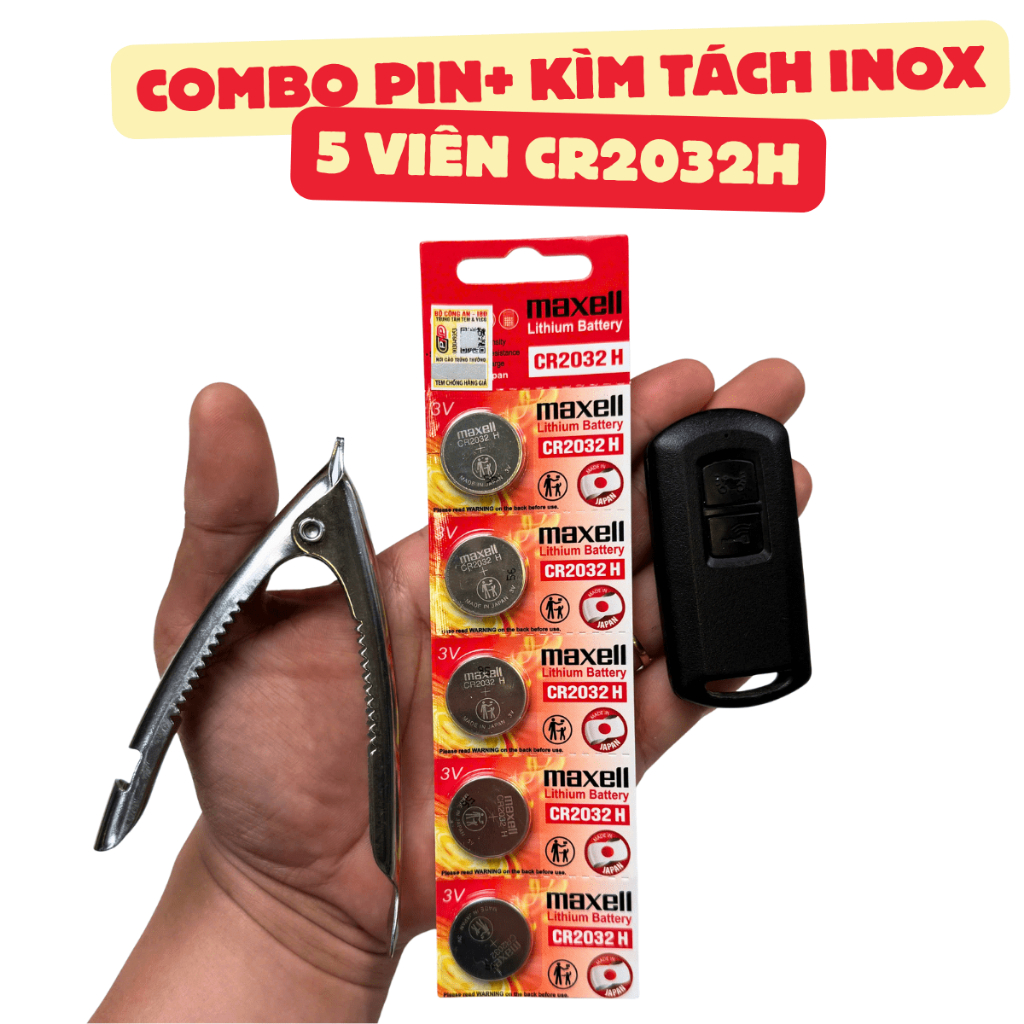 Pin CR2032H và kìm tách chìa khóa smartkey chính hãng maxell vỉ 5 viên