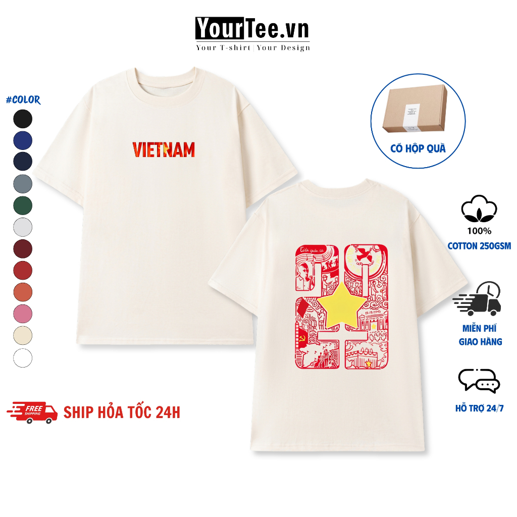 [ÁO THUN ĐỘC LẬP] Áo Thun Unisex In Chữ Việt Nam Kỷ Niệm Quốc Khánh Hình In Sắc Nét, Chất Liệu Cotton 100% 250 GSM