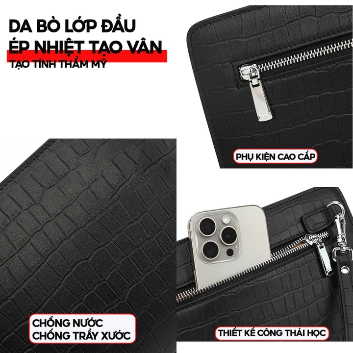 Ví Clutch da bò cầm tay nam số bảo mật TRUE BAG BUSINESS dập vân cá sấu chống nước trầy xước thiết kế sang trọng