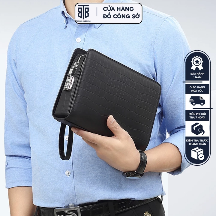 Ví Clutch da bò cầm tay nam số bảo mật TRUE BAG BUSINESS dập vân cá sấu chống nước trầy xước thiết kế sang trọng