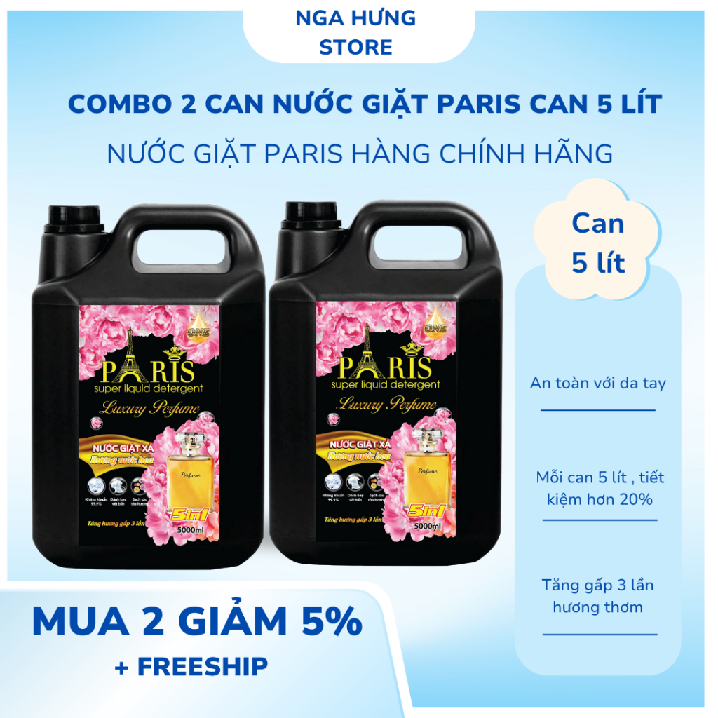 Combo 2 Can Nước Giặt Paris - Mỗi Can 5 Lít , Tăng Gấp 3 Lần Hương Nước Hoa  , Đậm Đặc , Nhiều Bọt
