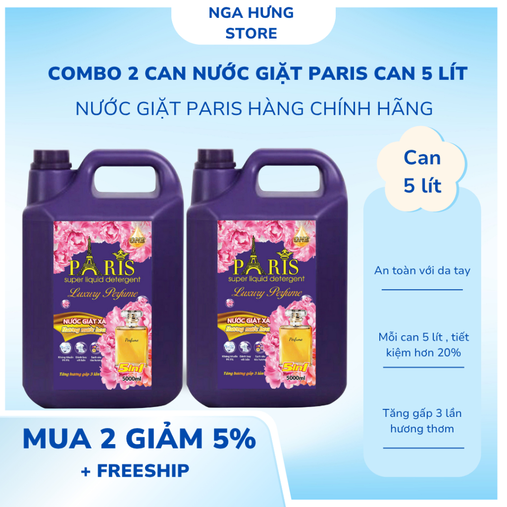 Combo 2 Can Nước Giặt Paris - Mỗi Can 5 Lít , Tăng Gấp 3 Lần Hương Nước Hoa  , Đậm Đặc , Nhiều Bọt