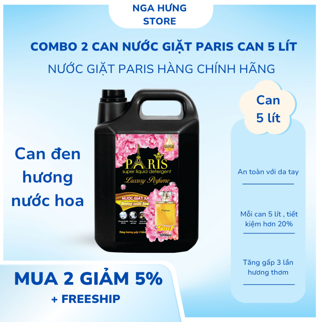 Combo 2 Can Nước Giặt Paris - Mỗi Can 5 Lít , Tăng Gấp 3 Lần Hương Nước Hoa  , Đậm Đặc , Nhiều Bọt