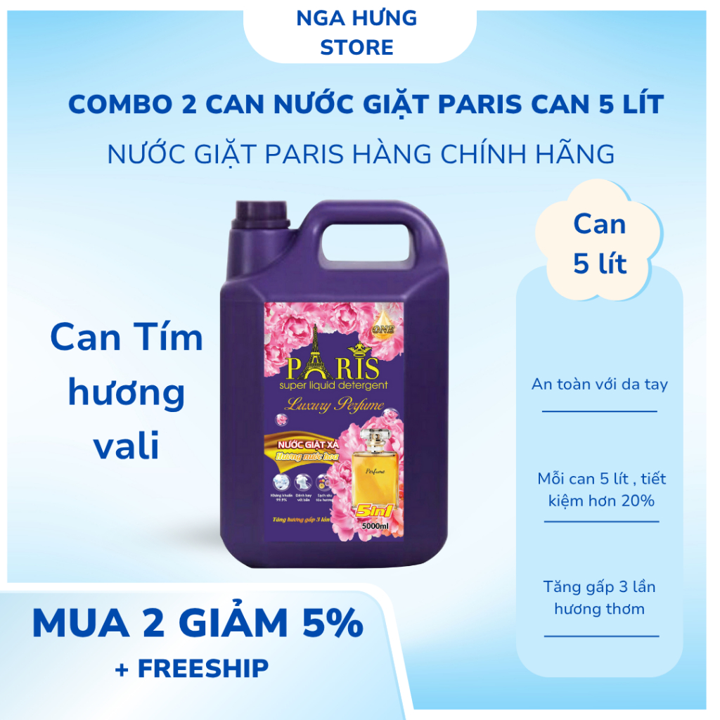 Combo 2 Can Nước Giặt Paris - Mỗi Can 5 Lít , Tăng Gấp 3 Lần Hương Nước Hoa  , Đậm Đặc , Nhiều Bọt