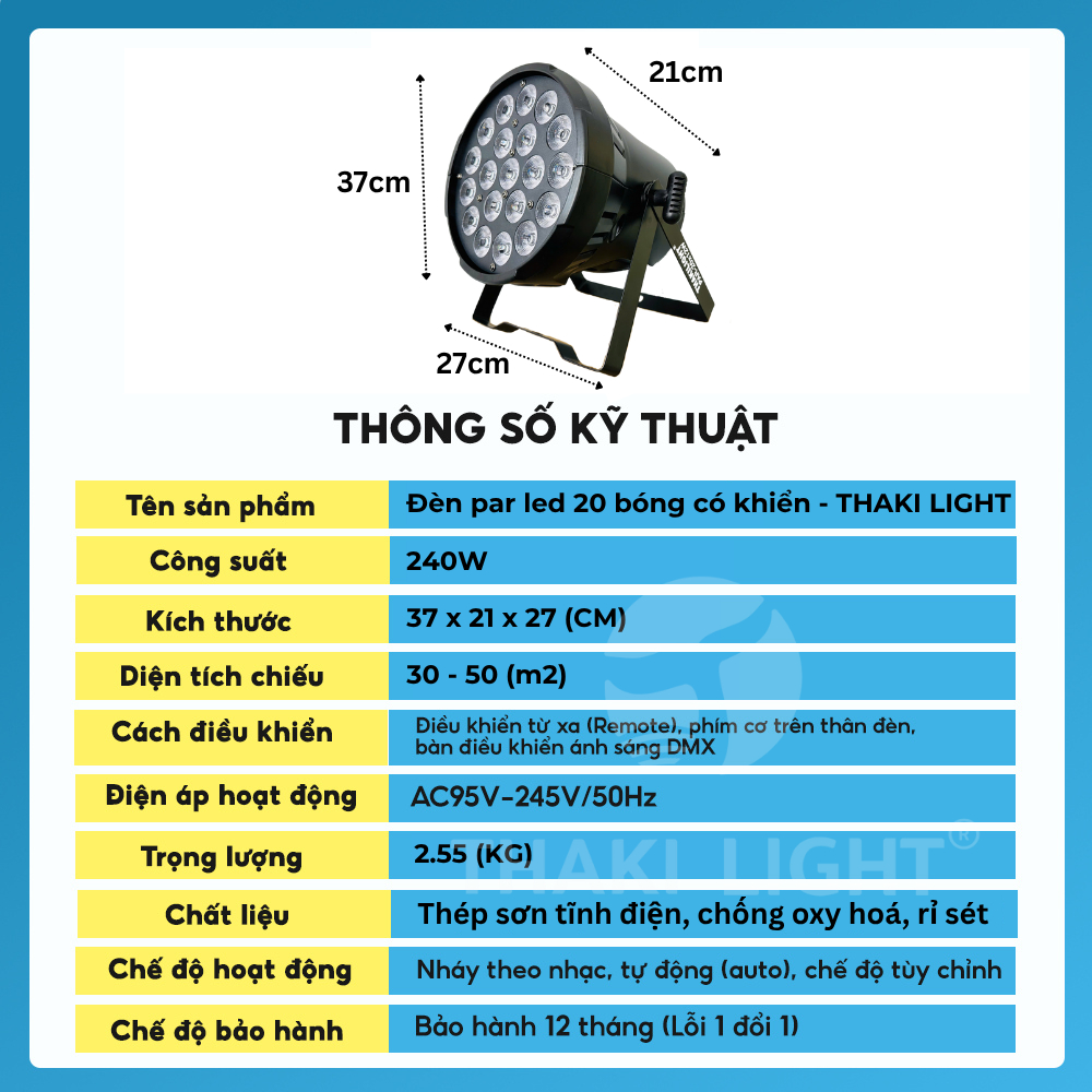 Đèn Sân Khấu Par LED 20x12W THAKI LIGHT RGBW - Giải Pháp Ánh Sáng Hoàn Hảo Cho Mọi Sự Kiện