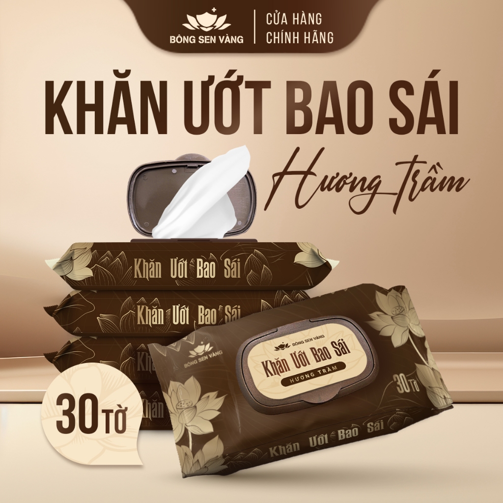Khăn ướt Bao Sái hương trầm Bông Sen Vàng, làm sạch các vật phẩm thờ cúng