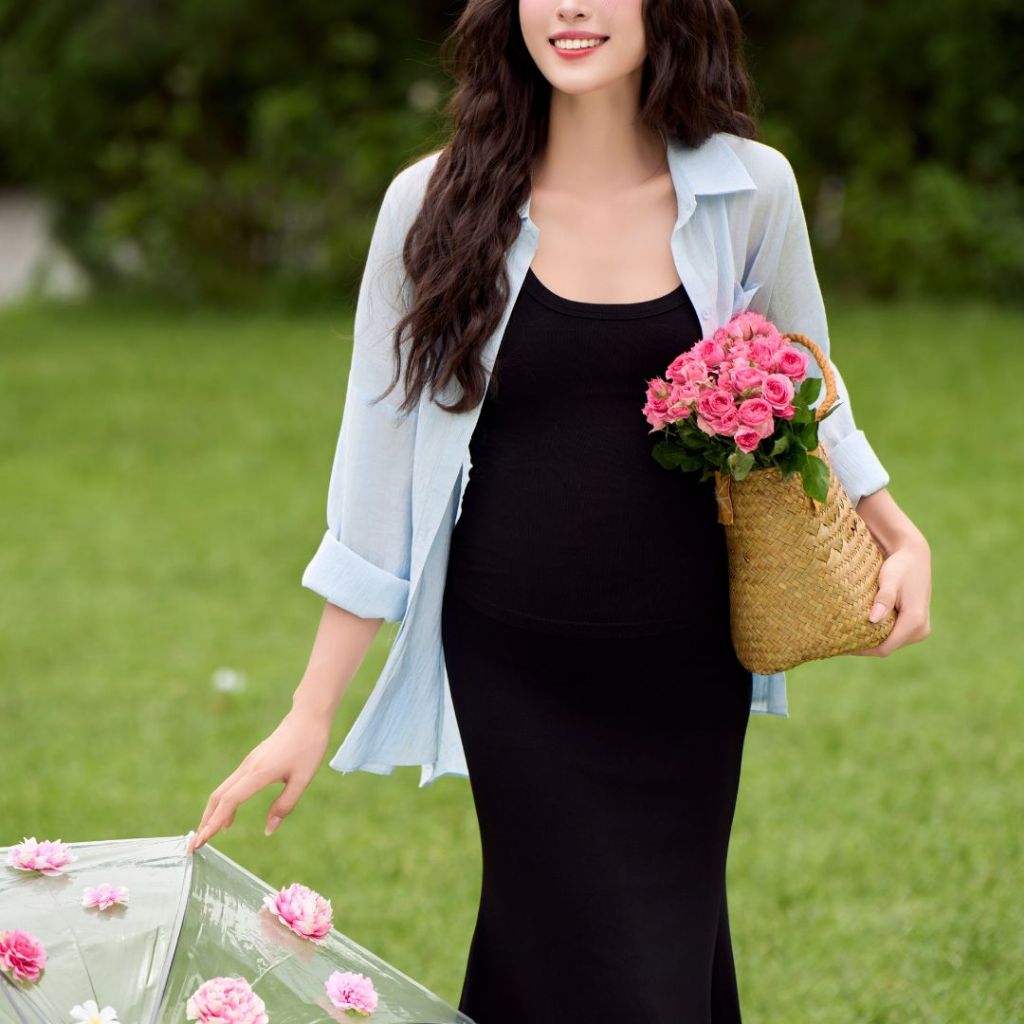 Áo sơ mi chất đũi tơ mềm kết hợp cùng Chân váy đuôi cá dành cho các mẹ bầu và sau sinh - A397 CV023 - B2MUM