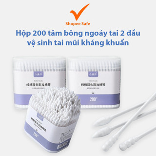 Hộp 200 tăm bông ngoáy tai 2 đầu vệ sinh tai mũi kháng khuẩn an toàn tiện lợi #A95