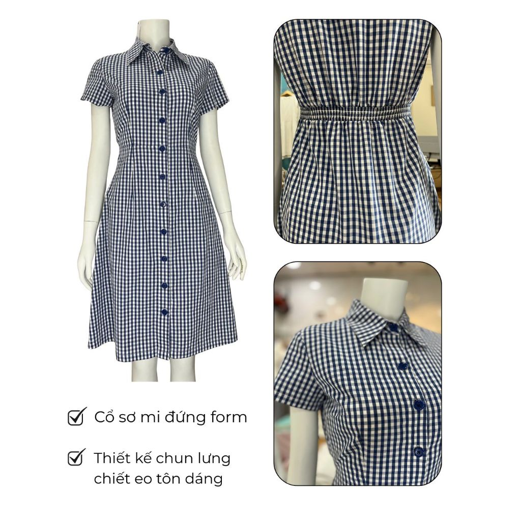 LUMI - Đầm công sở nữ kẻ caro dáng chữ A suông dài qua gối có chun lưng chiết eo tôn dáng, trẻ trung