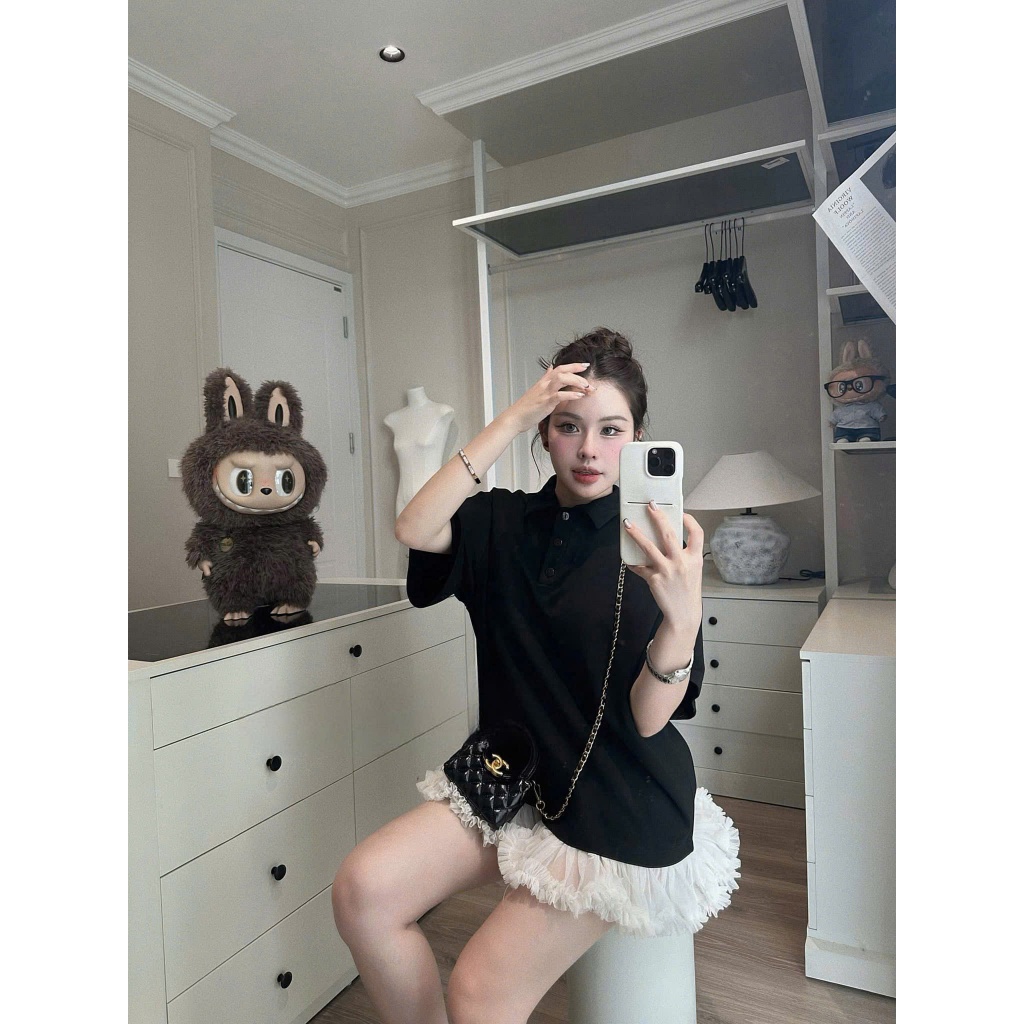 Váy babydoll nữ cổ sơ mi hai màu ĐEN XÁM from suông rộng phối chân váy đính ren voan trắng