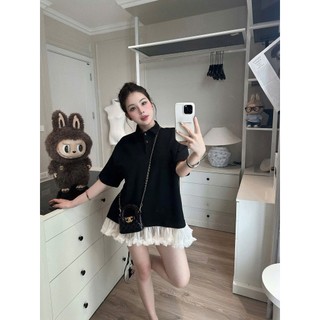 Đầm nữ from rộng babydoll cổ sơ mi bèo đính ba cúc phối bèo ren xếp ly
