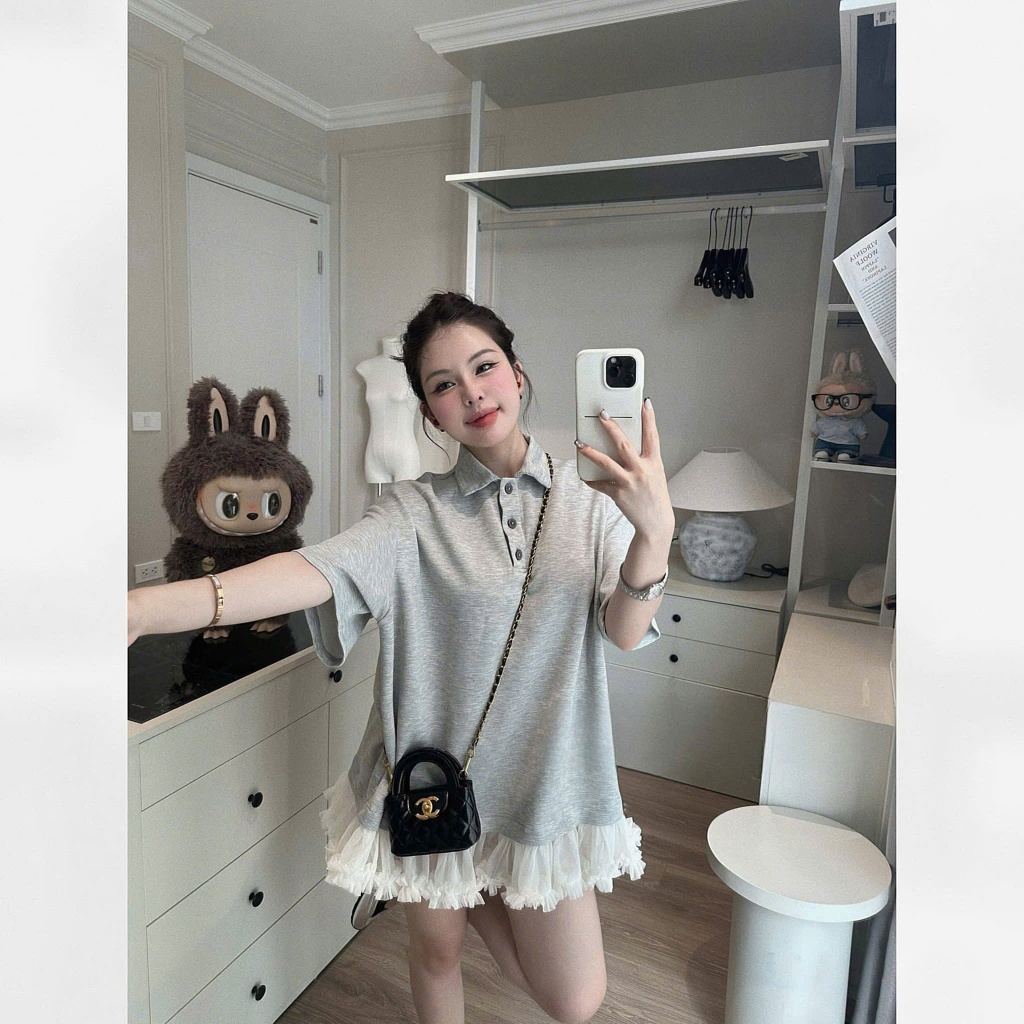 Váy babydoll nữ cổ sơ mi hai màu ĐEN XÁM from suông rộng phối chân váy đính ren voan trắng