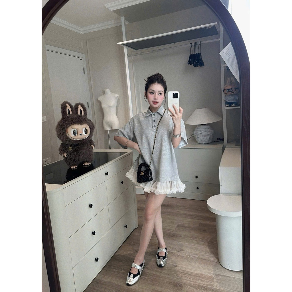 Váy babydoll nữ cổ sơ mi hai màu ĐEN XÁM from suông rộng phối chân váy đính ren voan trắng