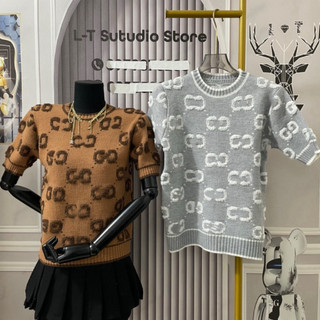 LT- Áo len nữ cộc tay free size cổ tròn hoạ tiết màu ghi, nâu tây siêu sang 882