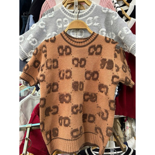 LT- Áo len nữ cộc tay free size cổ tròn hoạ tiết màu ghi, nâu tây siêu sang 882