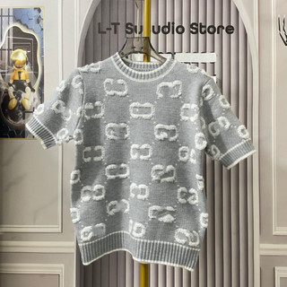 LT- Áo len nữ cộc tay free size cổ tròn hoạ tiết màu ghi, nâu tây siêu sang 882