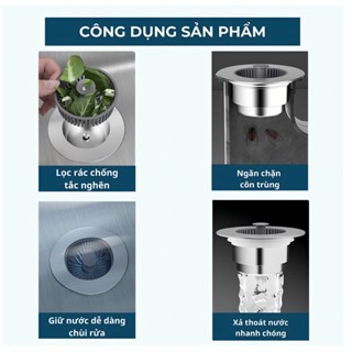 Bộ Lọc Rác Bồn Rửa Bát ABS 3 in 1 Ngăn mùi hôi côn trùng, Nút chặn thoát nước, Khay giỏ lọc thức ăn thừa