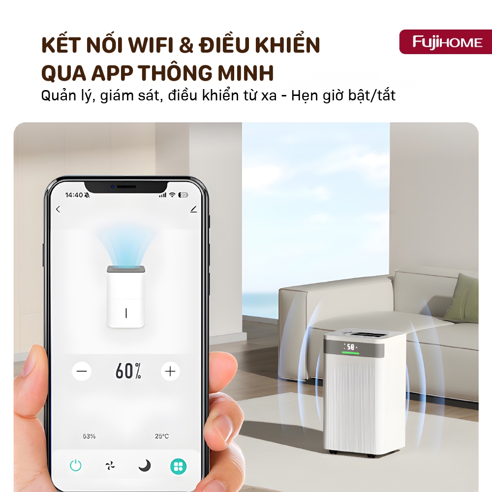 Máy hút ẩm kết nối Wifi Nhập Khẩu FUJIHOME DH20NW, Thiết bị hút ẩm phù hợp mọi không gian có kèm lọc không khí