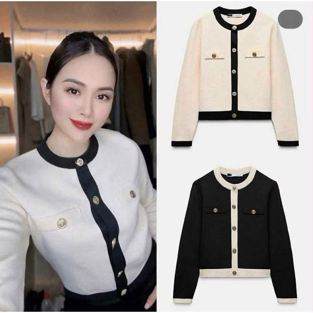 New 2026 Áo len Cardigan nữ cổ tròn phối màu sang trọng chất len dày mềm mịn mặc thu đông dáng ngắn Kèm Ảnh Thật