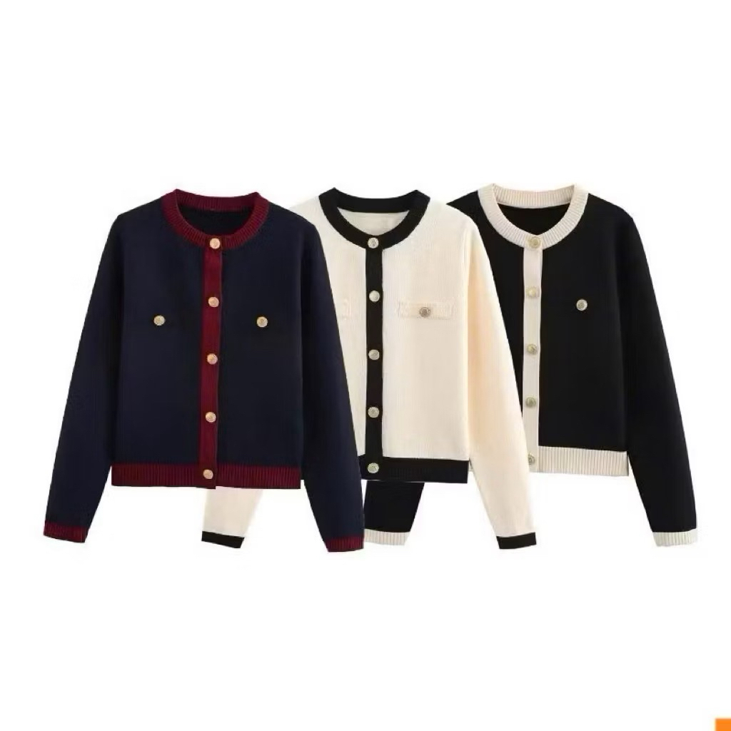 New 2026 Áo len Cardigan nữ cổ tròn phối màu sang trọng chất len dày mềm mịn mặc thu đông dáng ngắn Kèm Ảnh Thật