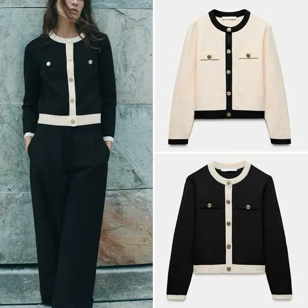 New 2026 Áo len Cardigan nữ cổ tròn phối màu sang trọng chất len dày mềm mịn mặc thu đông dáng ngắn Kèm Ảnh Thật