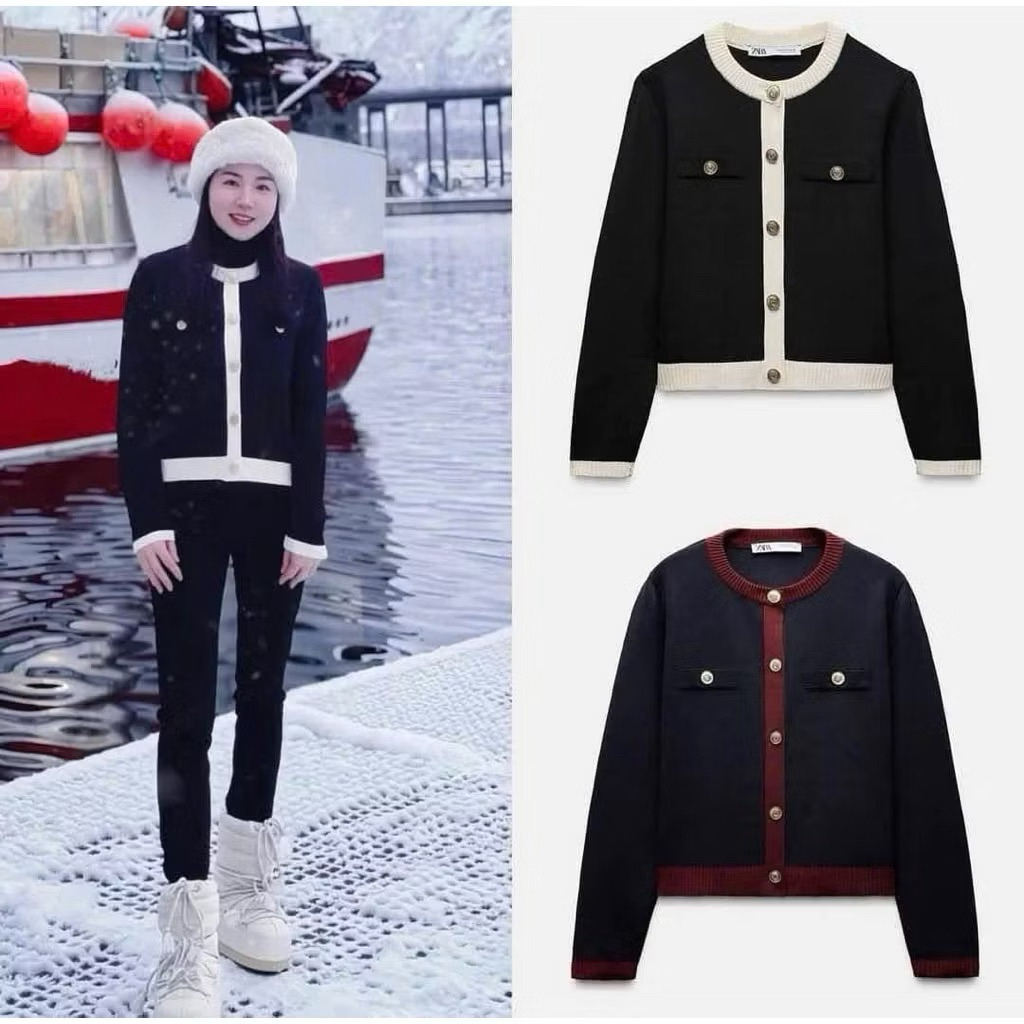 New 2026 Áo len Cardigan nữ cổ tròn phối màu sang trọng chất len dày mềm mịn mặc thu đông dáng ngắn Kèm Ảnh Thật